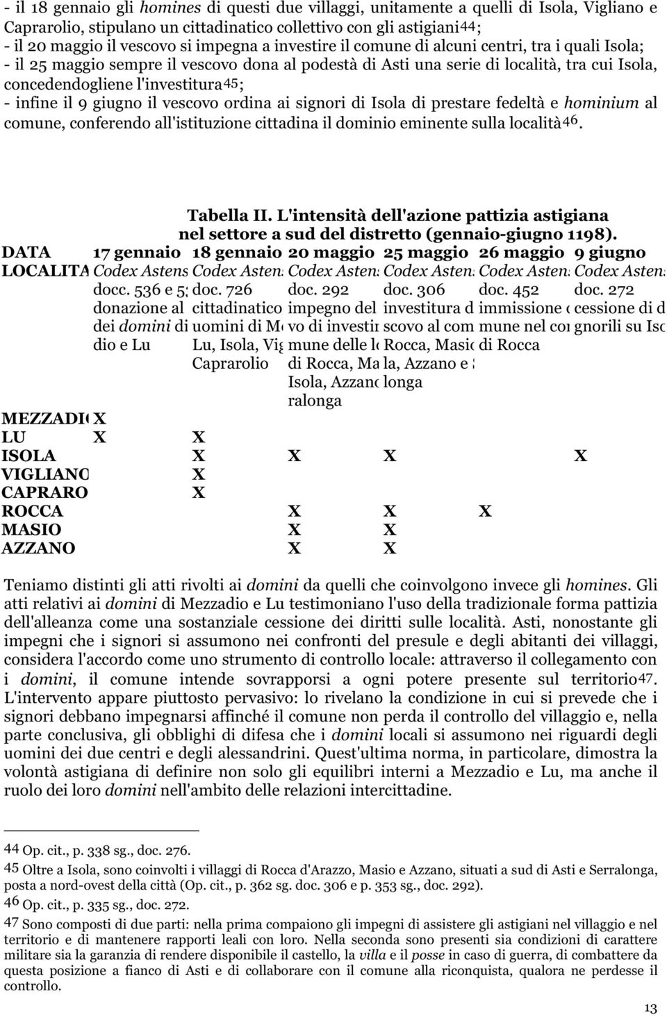 infine il 9 giugno il vescovo ordina ai signori di Isola di prestare fedeltà e hominium al comune, conferendo all'istituzione cittadina il dominio eminente sulla località 46. Tabella II.