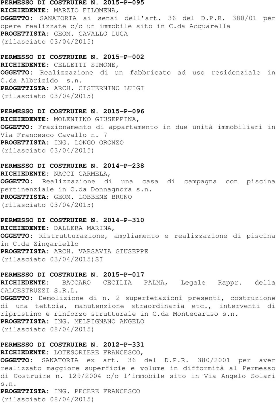 CISTERNINO LUIGI PERMESSO DI COSTRUIRE N. 2015-P-096 RICHIEDENTE: MOLENTINO GIUSEPPINA, OGGETTO: Frazionamento di appartamento in due unità immobiliari in Via Francesco Cavallo n. 7 PROGETTISTA: ING.