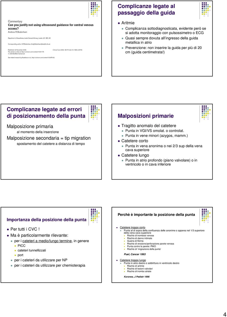 ) Complicanze legate ad errori di posizionamento della punta Malposizione primaria al momento della inserzione Malposizione secondaria = tip migration spostamento del catetere a distanza di tempo