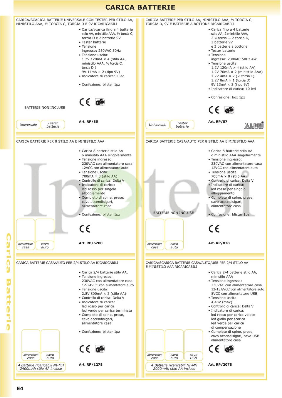 2V 120mA 4 (stilo AA, ministilo AAA, ½ torcia C, torcia D ) 9V 14mA 2 (tipo 9V) Indicatore di carica: 2 led BATTERIE PER STILO AA, MINISTILO AAA, ½ TORCIA C, TORCIA D, 9V E BATTERIE A BOTTONE RIBILI