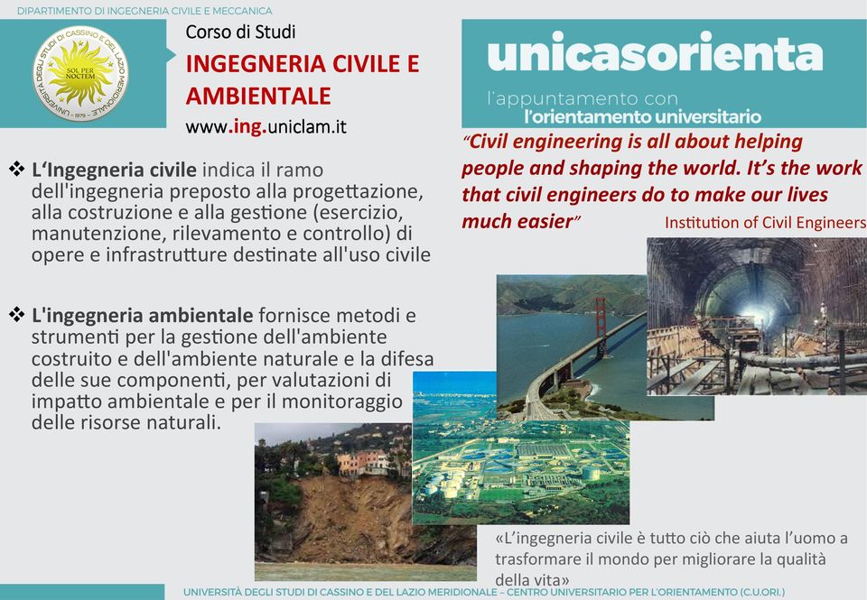 It s the work that civil engineers do to make our lives much easier Ins5tu5on of Civil Engineers v L'ingegneria ambientale fornisce metodi e strumen5 per la ges5one dell'ambiente