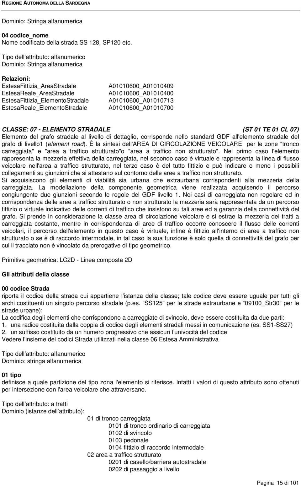 A01010600_A01010700 CLASSE: 07 - ELEMENTO STRADALE (ST 01 TE 01 CL 07) Elemento del grafo stradale al livello di dettaglio, corrisponde nello standard GDF all'elemento stradale del grafo di livello1