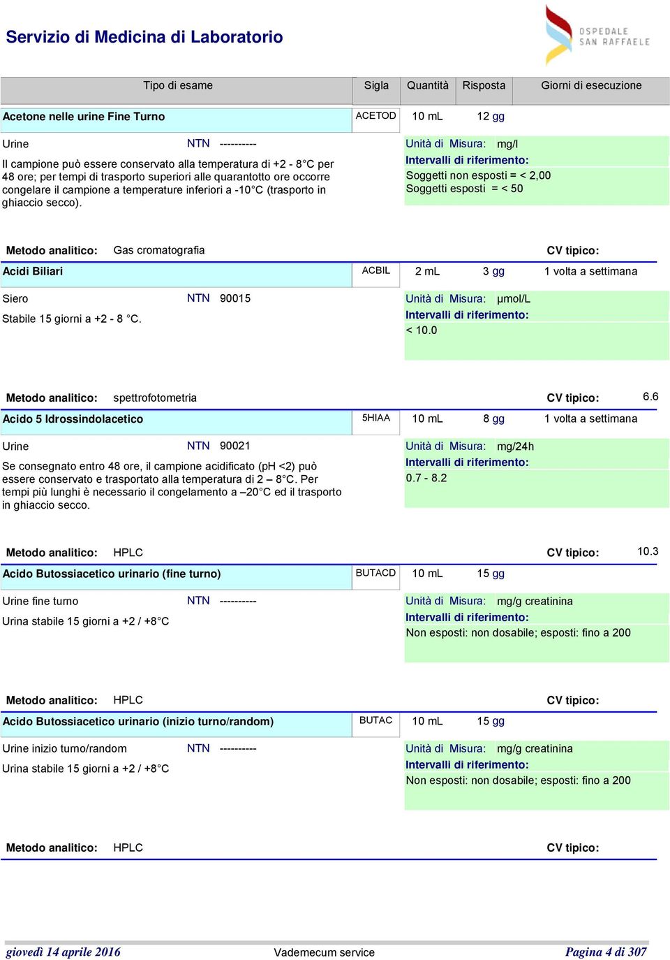 ACETOD 10 ml 12 gg Unità di Misura: mg/l Soggetti non esposti = < 2,00 Soggetti esposti = < 50 Metodo analitico: Gas cromatografia CV tipico: Acidi Biliari ACBIL 2 ml 3 gg 1 volta a settimana Siero