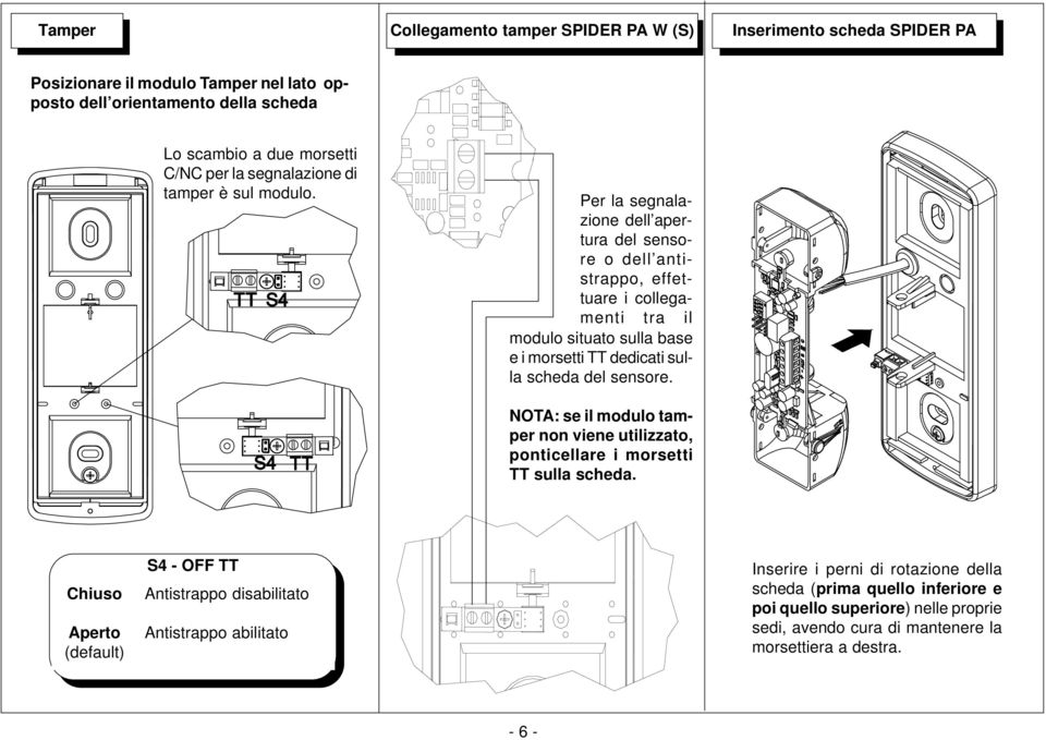 Per la segnalazione dell apertura del sensore o dell antistrappo, effettuare i collegamenti tra il modulo situato sulla base e i morsetti TT dedicati sulla scheda del sensore.