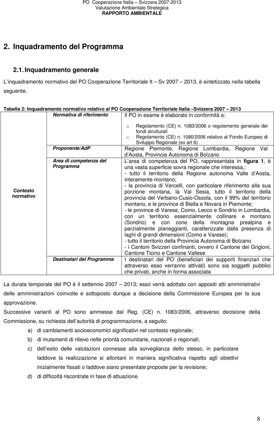 Proponente/AdP Area di competenza del Programma Destinatari del Programma o Regolamento (CE) n. 1083/2006 o regolamento generale dei fondi strutturali o Regolamento (CE) n.