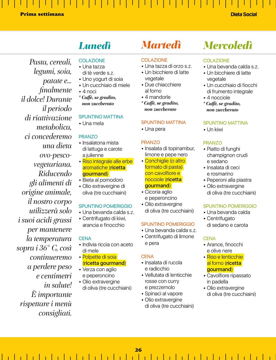 è importante rispettare i menù consigliati. Una tazz