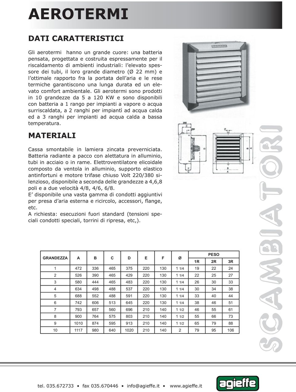 Gli aerotermi sono prodotti in 10 grandezze da 5 a 120 KW e sono disponibili con batteria a 1 rango per impianti a vapore o acqua surriscaldata, a 2 ranghi per impiantì ad acqua calda ed a 3 ranghi