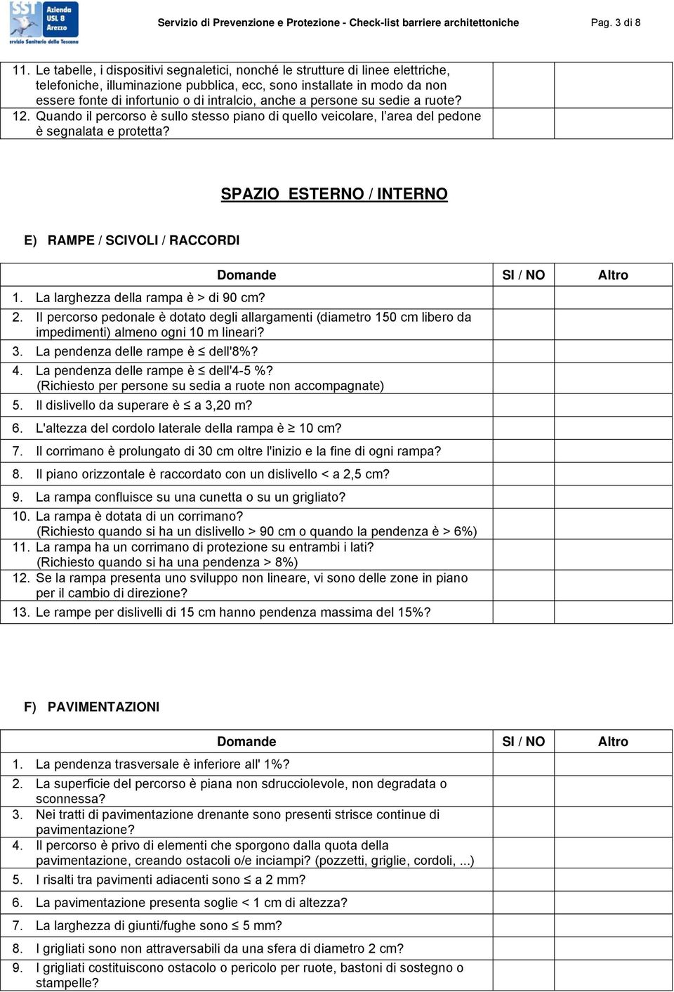 anche a persone su sedie a ruote? 12. Quando il percorso è sullo stesso piano di quello veicolare, l area del pedone è segnalata e protetta? SPAZIO ESTERNO / INTERNO E) RAMPE / SCIVOLI / RACCORDI 1.