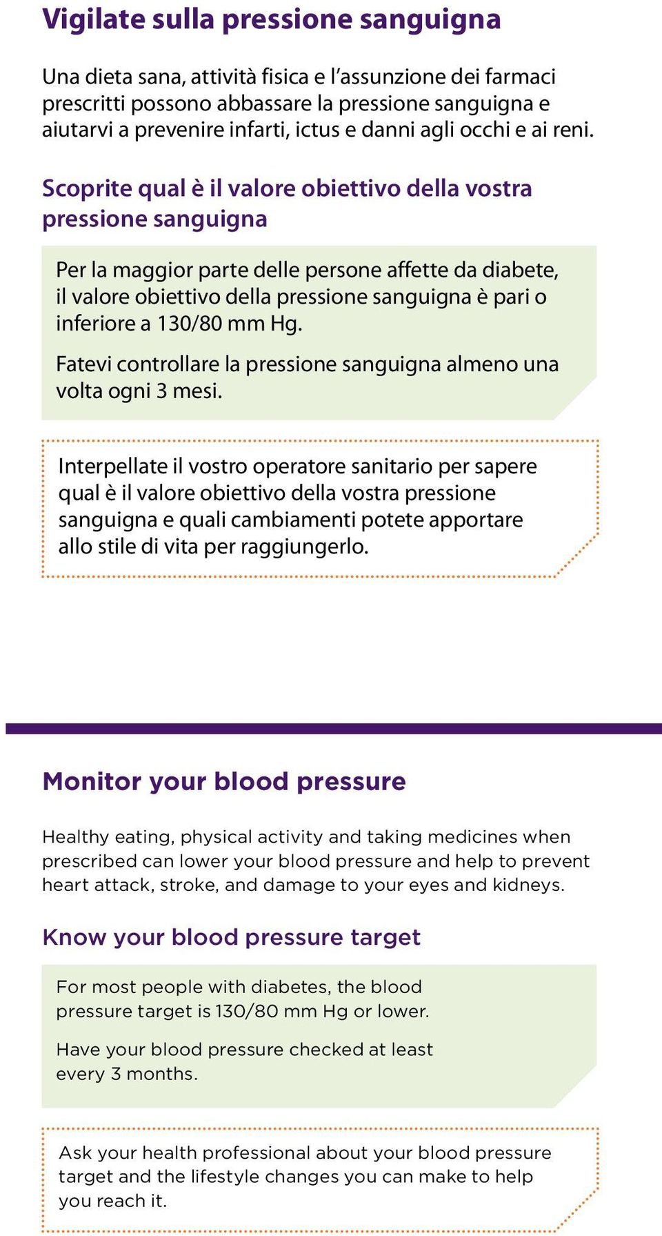 Scoprite qual è il valore obiettivo della vostra pressione sanguigna Per la maggior parte delle persone affette da diabete, il valore obiettivo della pressione sanguigna è pari o inferiore a 130/80