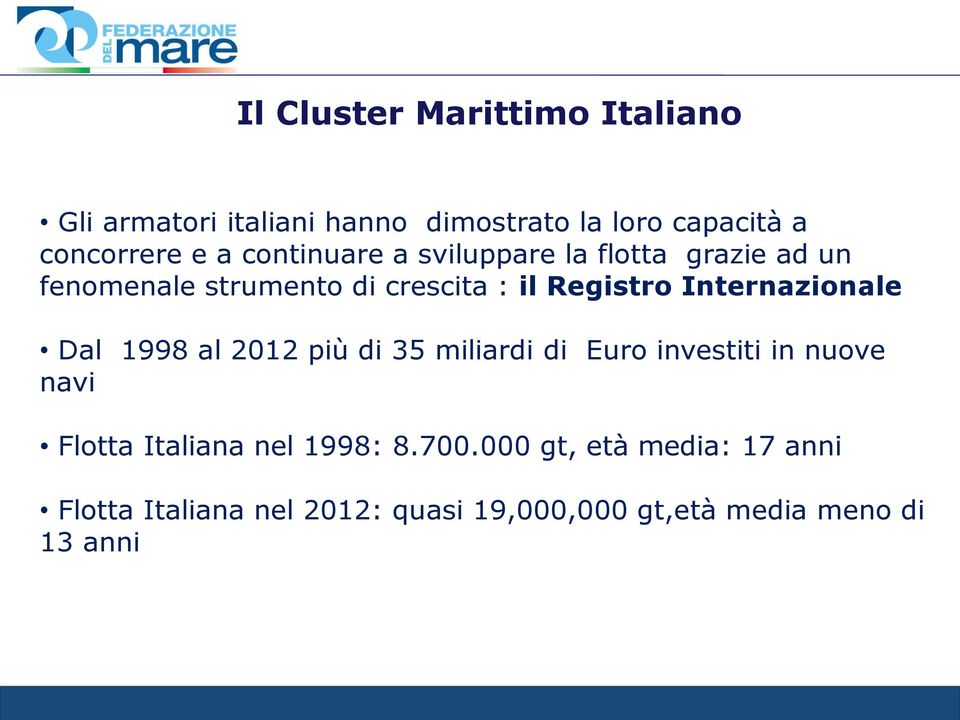 Internazionale Dal 1998 al 2012 più di 35 miliardi di Euro investiti in nuove navi Flotta Italiana nel