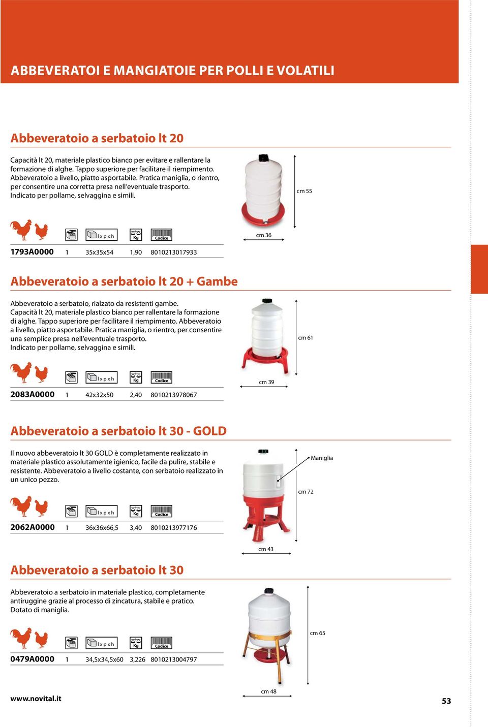 cm 55 cm 3 1793A0000 1 35x35x54 1,90 8010213017933 Abbeveratoio a serbatoio lt 20 + Gambe Abbeveratoio a serbatoio, rialzato da resistenti gambe.