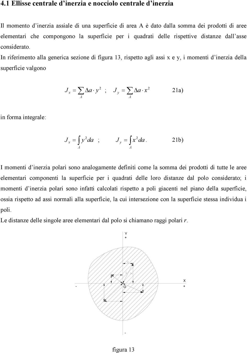 In riferimento alla generica seione di figura 13, rispetto agli assi e, i momenti d ineria della superficie valgono a ; a 1a) in forma integrale: da ; da.