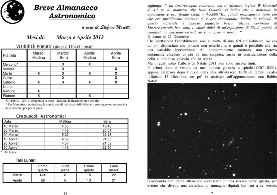 massima visibilità che si protraggono, intorno alla data indicata, per pochi giorni aggiunge: La spettroscopia, realizzata con il riflettore inglese W. Herschel di 4.2 m.