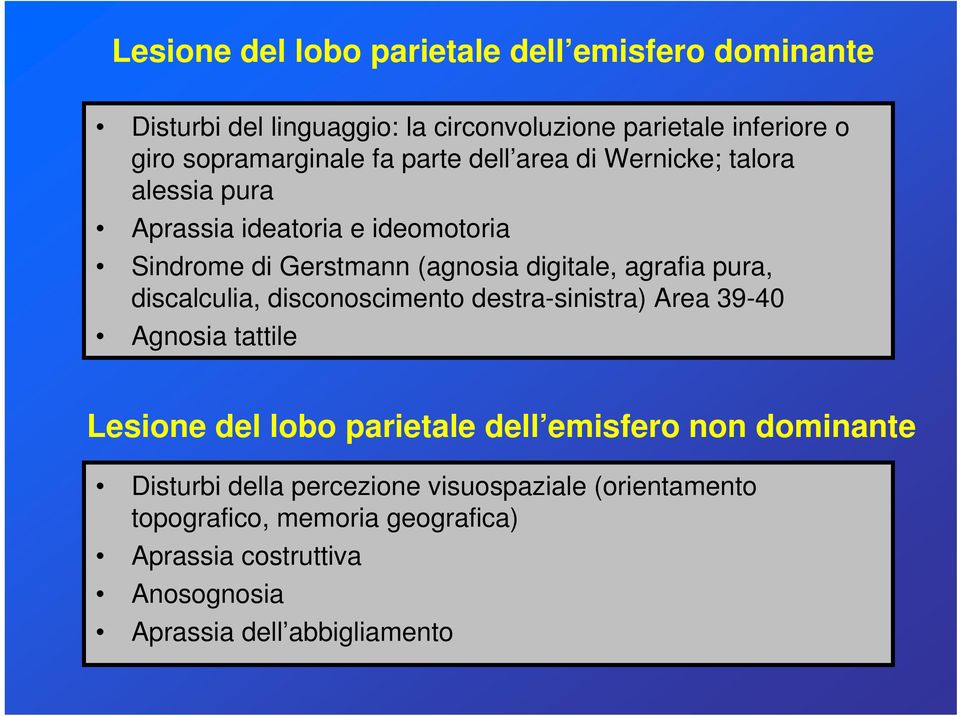 pura, discalculia, disconoscimento destra-sinistra) Area 39-40 Agnosia tattile Lesione del lobo parietale dell emisfero non dominante