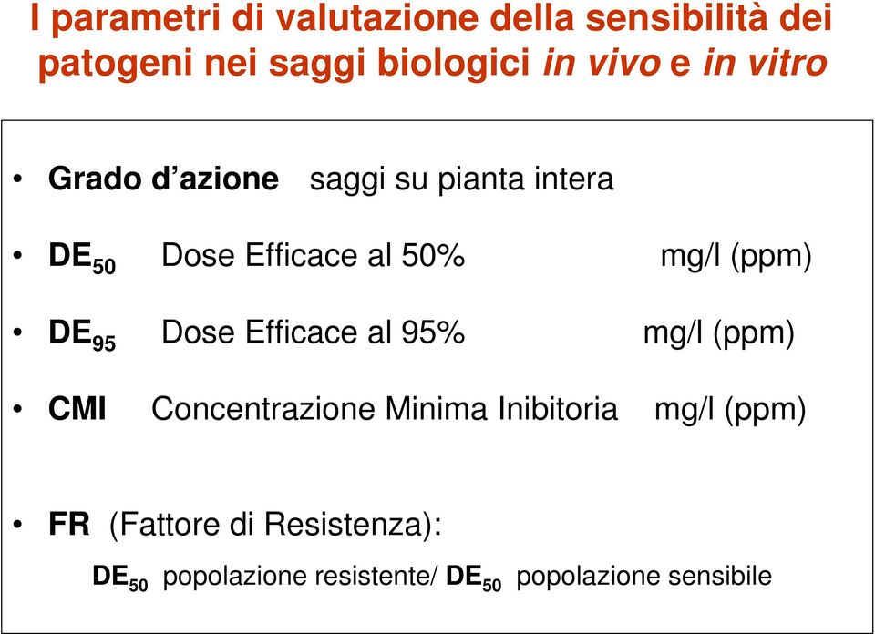 (ppm) DE 95 Dose Efficace al 95% mg/l (ppm) CMI Concentrazione Minima Inibitoria mg/l