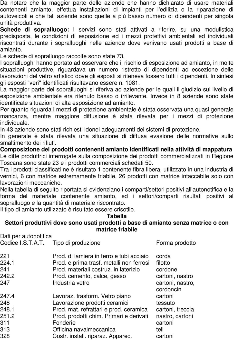 Schede di sopralluogo: I servizi sono stati attivati a riferire, su una modulistica predisposta, le condizioni di esposizione ed i mezzi protettivi ambientali ed individuali riscontrati durante i