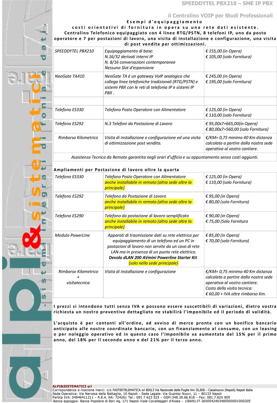 ta di in s ta l l a z i o n e e c o n f i g u ra z i o n e, u n a v i s i ta d i p o s t ve n d i ta p e r o tt i mi z z a z i o n i. SPEEDDYTEL PBX210 Equipaggiamento di base: N.