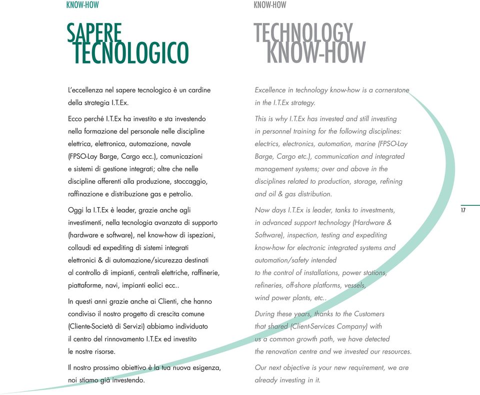 Ex è leader, grazie anche agli investimenti, nella tecnologia avanzata di supporto (hardware e software), nel know-how di ispezioni, collaudi ed expediting di sistemi integrati elettronici & di