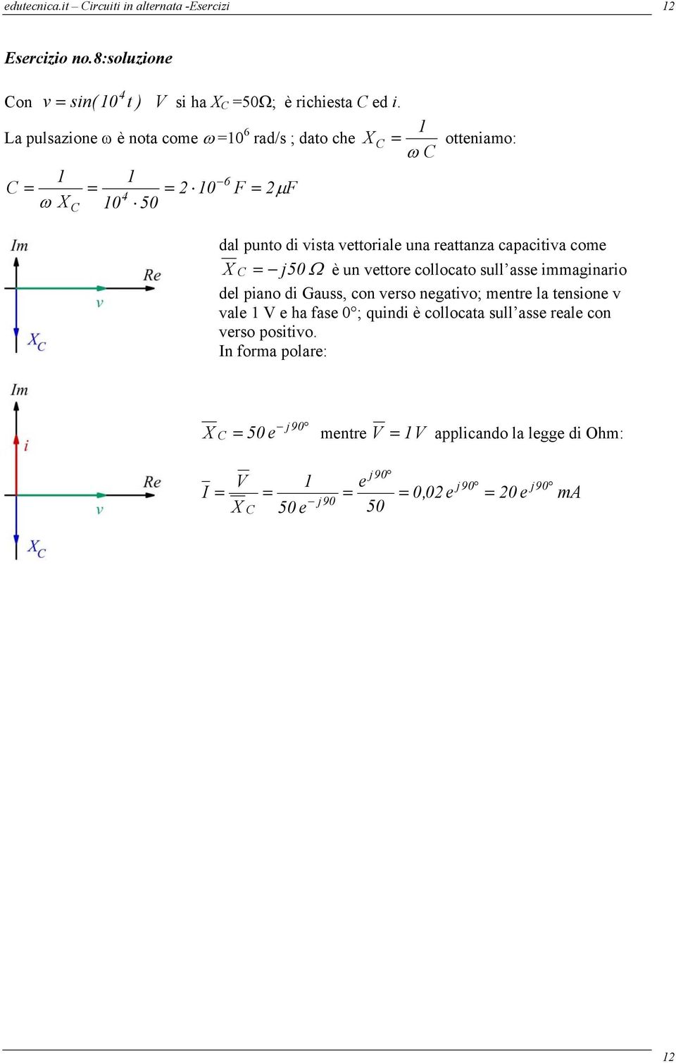 capacitia come X C j50 Ω è un ettore collocato sull asse immaginario del piano di Gauss, con erso negatio; mentre la tensione ale e ha fase