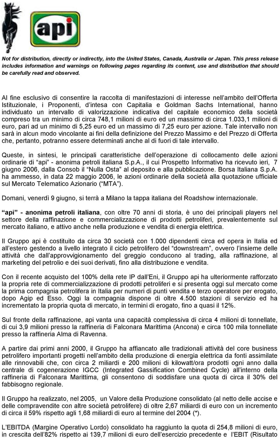 033,1 milioni di euro, pari ad un minimo di 5,25 euro ed un massimo di 7,25 euro per azione.