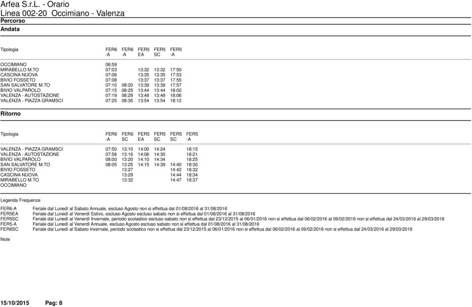 TO 07:10 08:20 13:39 13:39 17:57 BIVIO VALPAROLO 07:15 08:25 13:44 13:44 18:02 VALENZA - AUTOSTAZIONE 07:19 08:29 13:48 13:48 18:06 VALENZA - PIAZZA GRAMSCI 07:25 08:35 13:54 13:54 18:12 FER6 FER6