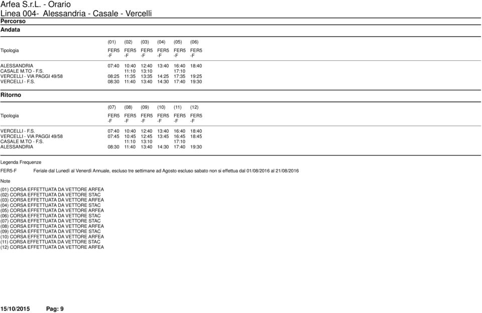 S. 07:40 10:40 12:40 13:40 16:40 18:40 VERCELLI - VIA PAGGI 49/58 07:45 10:45 12:45 13:45 16:45 18:45 CASALE M.TO - F.S. 11:10 13:10 17:10 ALESSANDRIA 08:30 11:40 13:40 14:30 17:40 19:30 FER5-F