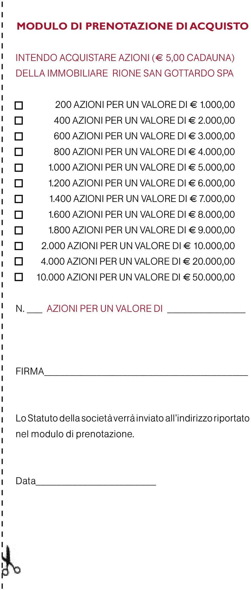 000,00 1.400 AZIONI PER UN VALORE DI 7.000,00 1.600 AZIONI PER UN VALORE DI 8.000,00 1.800 AZIONI PER UN VALORE DI 9.000,00 2.000 AZIONI PER UN VALORE DI 10.000,00 4.