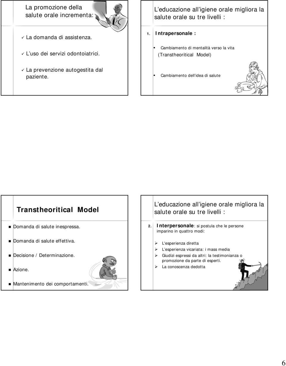 Cambiamento dell idea di salute Transtheoritical Model L educazione all igiene orale migliora la salute orale su tre livelli : Domanda di salute inespressa. Domanda di salute effettiva.