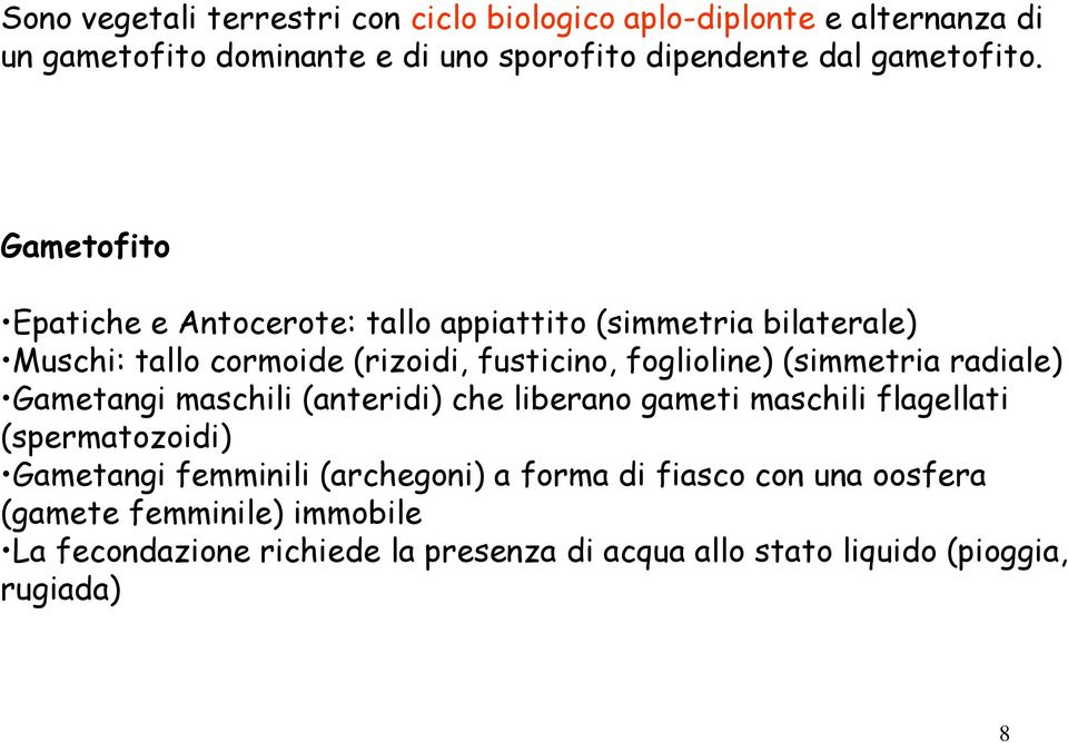 Gametofito Epatiche e Antocerote: tallo appiattito (simmetria bilaterale) Muschi: tallo cormoide (rizoidi, fusticino, foglioline)