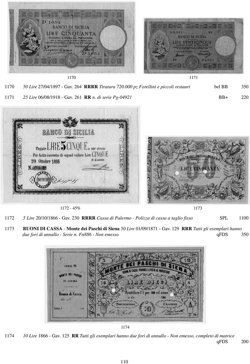 230 RRRR Cassa di Palermo - Polizza di cassa a taglio fisso SPL 1100 1173 BUONI DI CASSA - Monte dei Paschi di Siena 50 Lire 01/09/1871 - Gav.