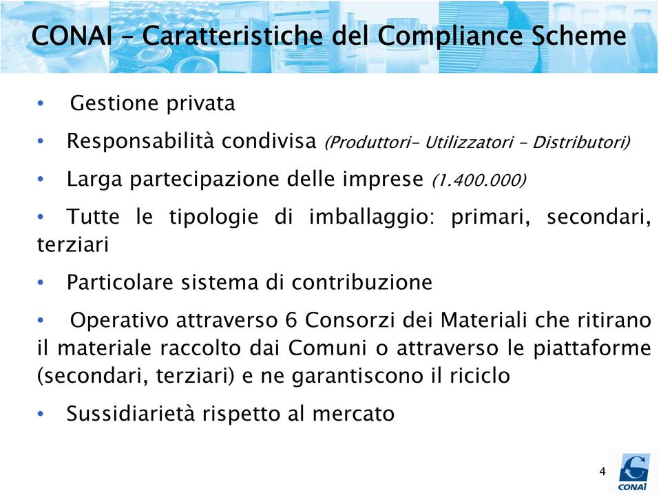 000) Tutte le tipologie di imballaggio: primari, secondari, terziari Particolare sistema di contribuzione Operativo