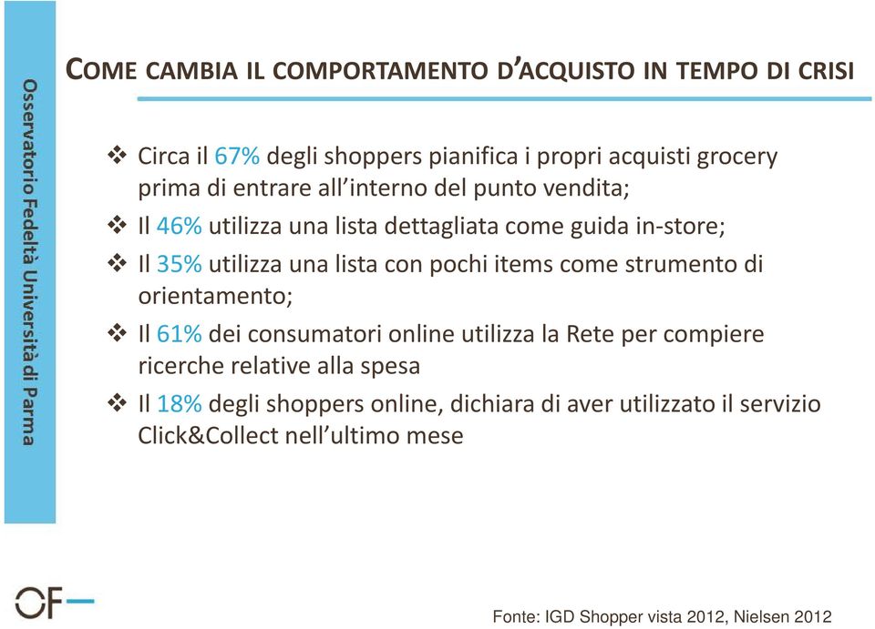items come strumento di orientamento; Il 61% dei consumatori online utilizza la Rete per compiere ricerche relative alla spesa Il 18%