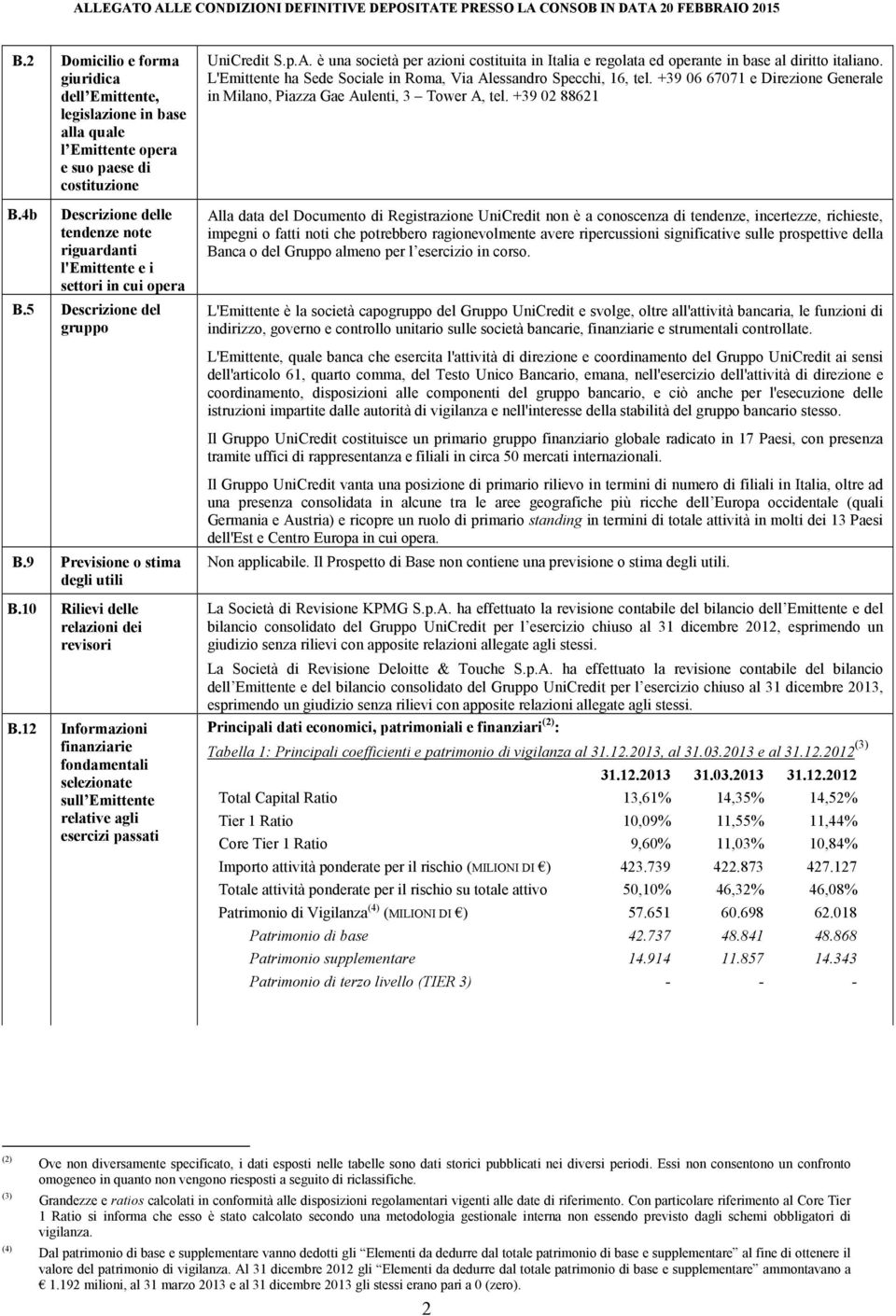 12 Informazioni finanziarie fondamentali selezionate sull Emittente relative agli esercizi passati UniCredit S.p.A.