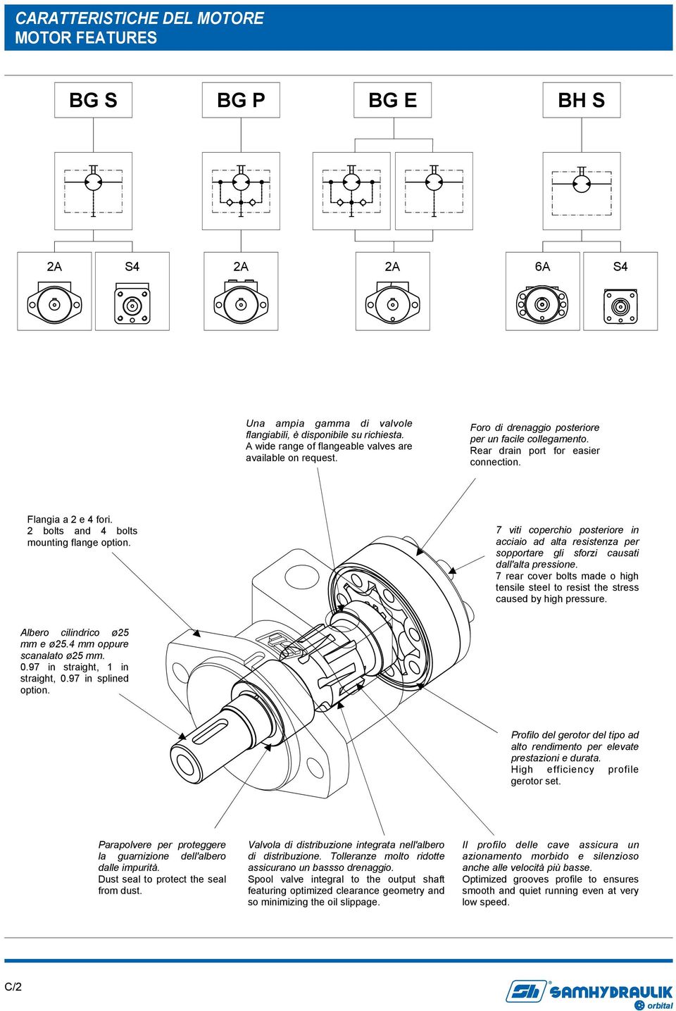 2 bolts and 4 bolts mounting flange option. 7 viti coperchio posteriore in acciaio ad alta resistenza per sopportare gli sforzi causati dall'alta pressione.