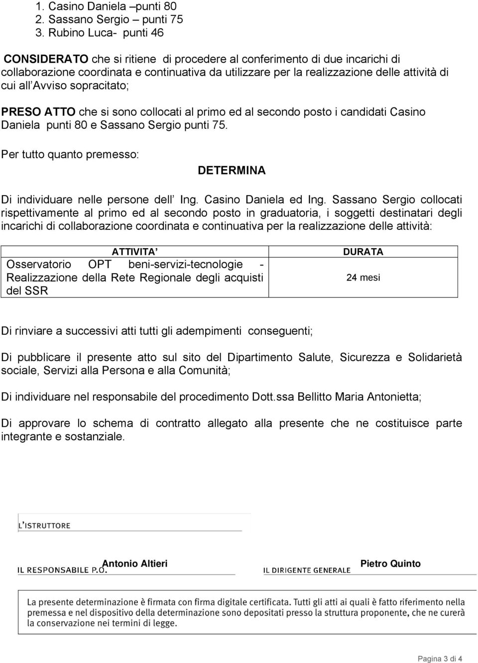 Avviso sopracitato; PRESO ATTO che si sono collocati al primo ed al secondo posto i candidati Casino Daniela punti 80 e Sassano Sergio punti 75.