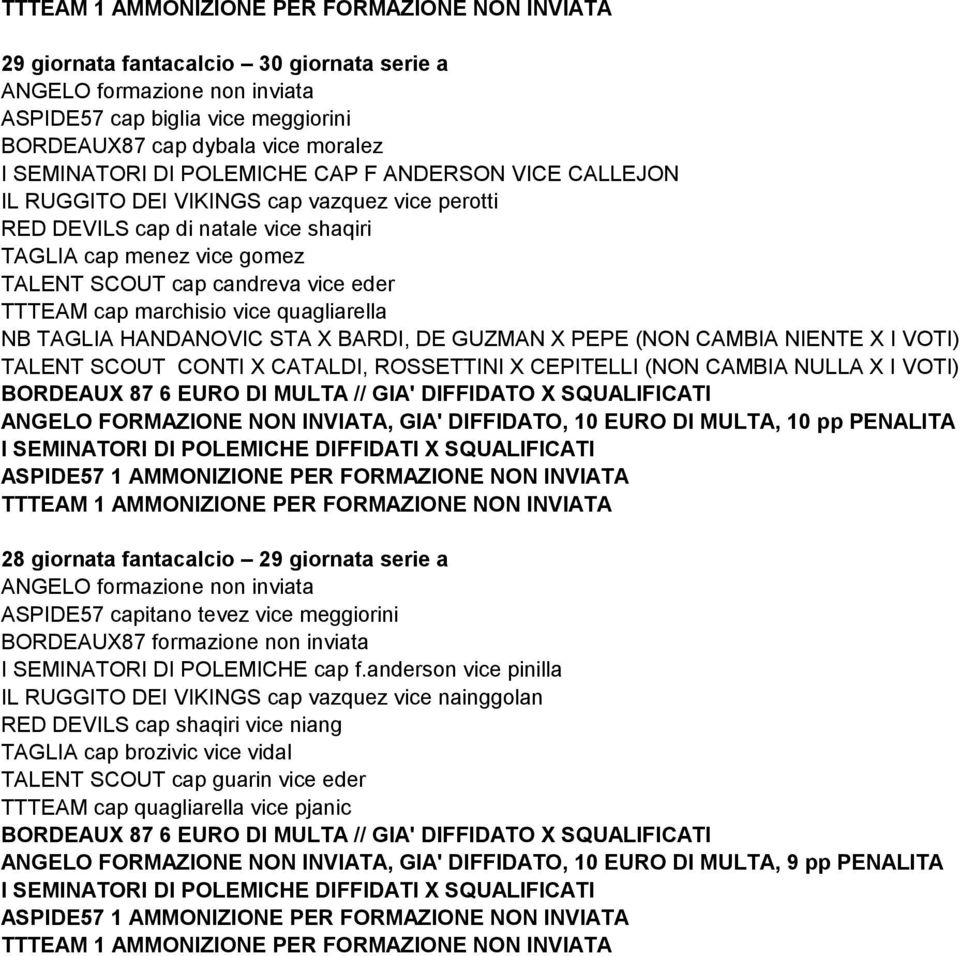 GUZMAN X PEPE (NON CAMBIA NIENTE X I VOTI) TALENT SCOUT CONTI X CATALDI, ROSSETTINI X CEPITELLI (NON CAMBIA NULLA X I VOTI) BORDEAUX 87 6 EURO DI MULTA // GIA' DIFFIDATO X SQUALIFICATI ANGELO