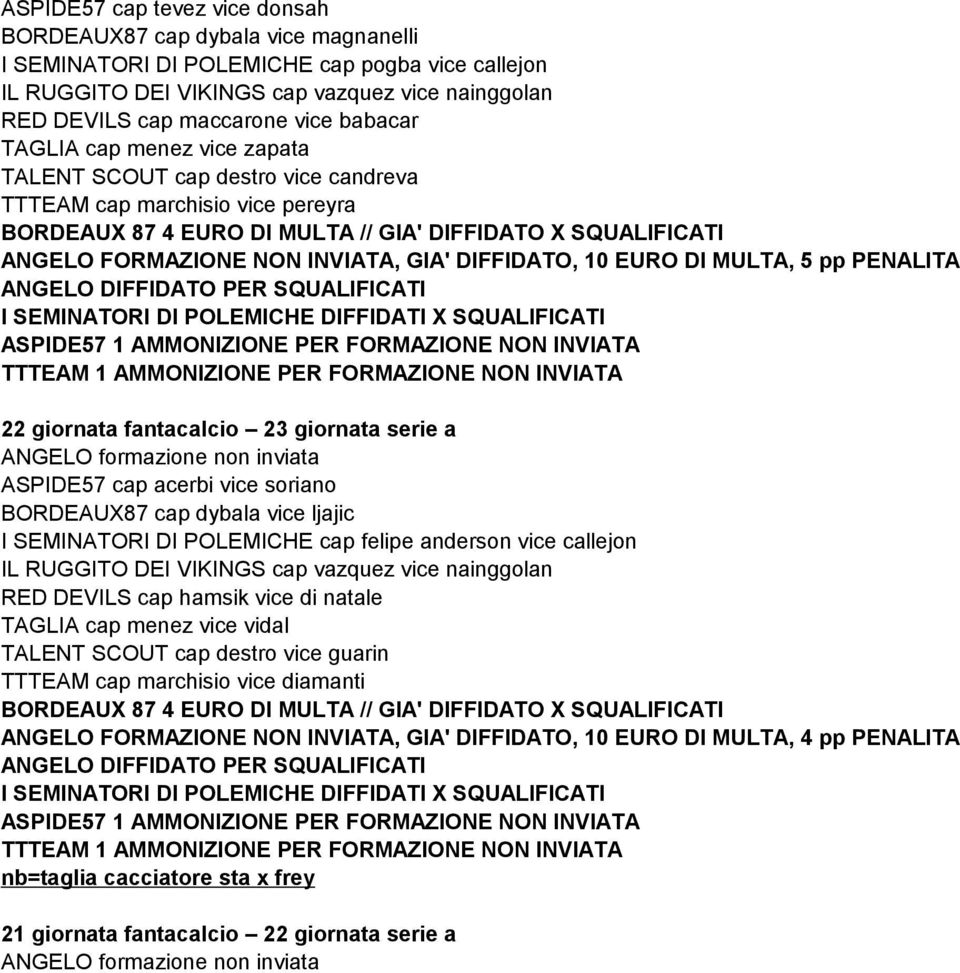 DIFFIDATO PER SQUALIFICATI 22 giornata fantacalcio 23 giornata serie a ASPIDE57 cap acerbi vice soriano BORDEAUX87 cap dybala vice ljajic I SEMINATORI DI POLEMICHE cap felipe anderson vice callejon