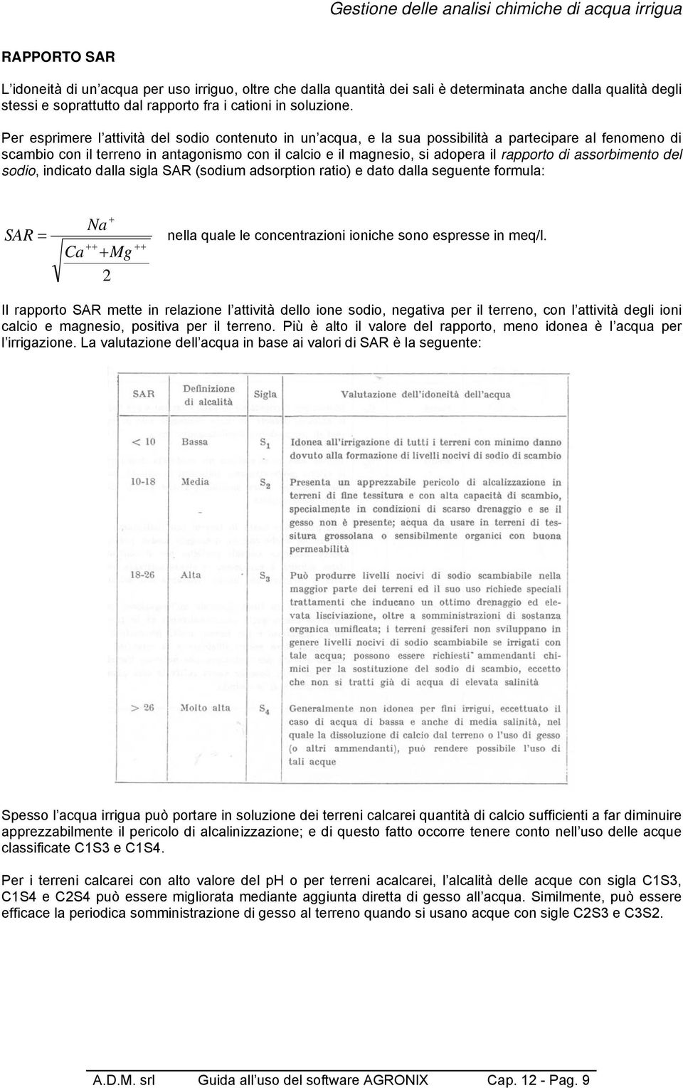 di assorbimento del sodio, indicato dalla sigla SAR (sodium adsorption ratio) e dato dalla seguente formula: SAR = + Na ++ ++ Ca + Mg nella quale le concentrazioni ioniche sono espresse in meq/l.