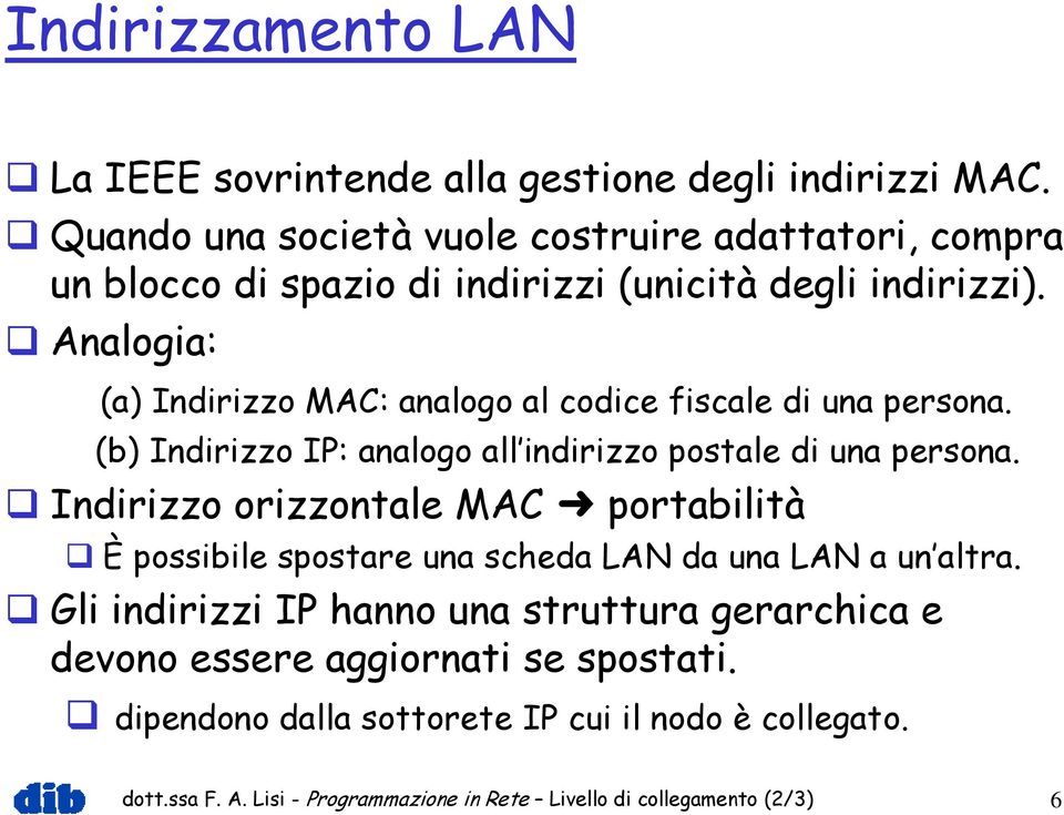 Analogia: (a) Indirizzo MAC: analogo al codice fiscale di una persona. (b) Indirizzo IP: analogo all indirizzo postale di una persona.