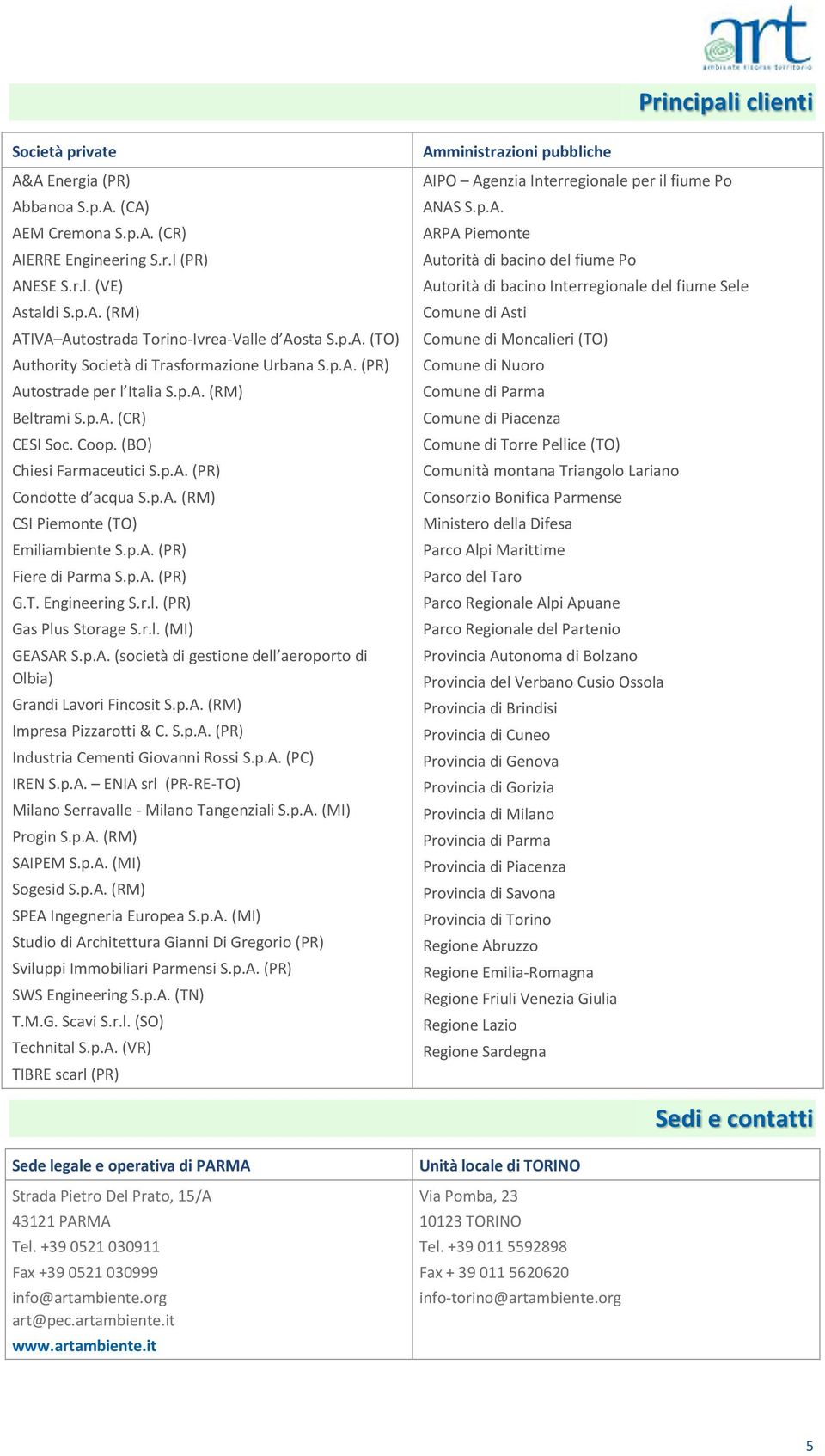 (PR) Industria Cementi Giovanni Rossi (PC) IREN ENIA srl (PR-RE-TO) Milano Serravalle Milano Tangenziali (MI) Progin (RM) SAIPEM (MI) Sogesid (RM) SPEA Ingegneria Europea (MI) Studio di Architettura