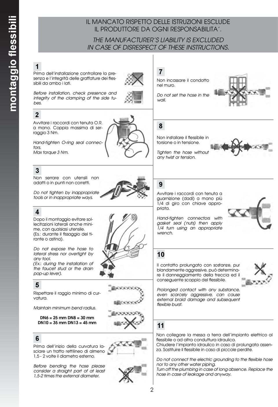 Hand-tighten O-ring seal connectors. Max torque 3 Nm. IL MANCATO RISPETTO DELLE ISTRUZIONI ESCLUDE IL PRODUTTORE DA OGNI RESPONSABILITA.