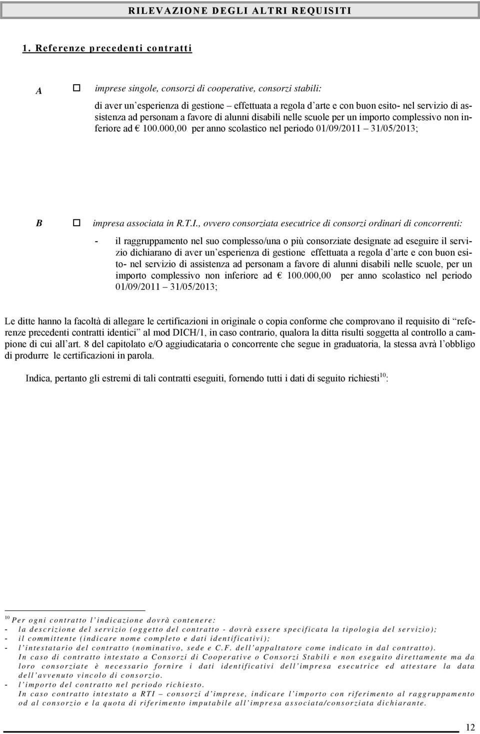 ad personam a favore di alunni disabili nelle scuole per un importo complessivo non inferiore ad 100.000,00 per anno scolastico nel periodo 01/09/2011 31/05/2013; B impresa associata in R.T.I.