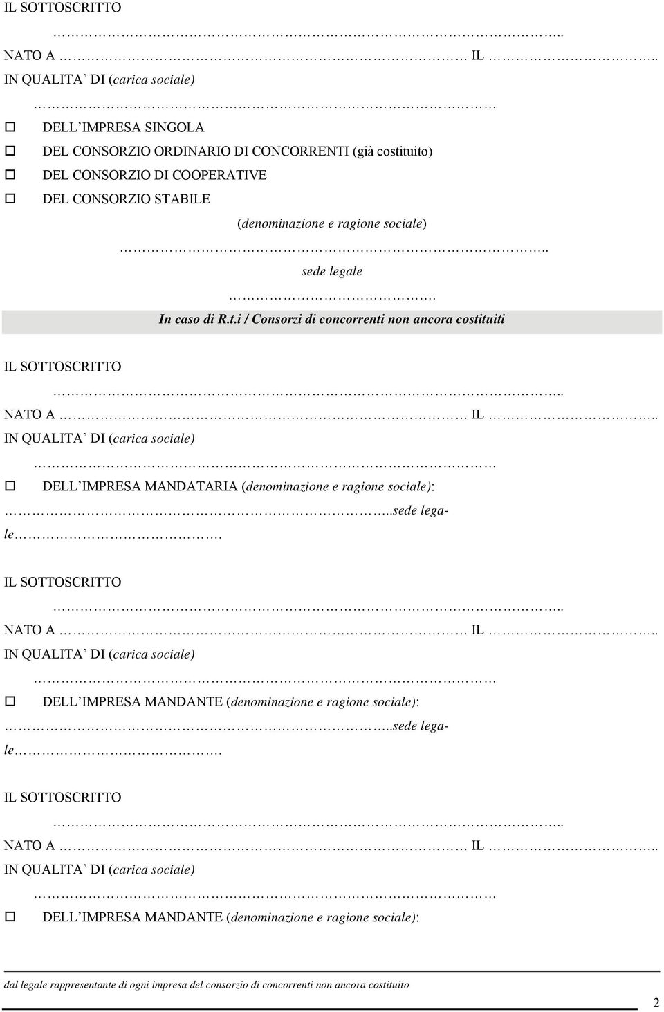 . sede legale. In caso di R.t.i / Consorzi di concorrenti non ancora costituiti . IN QUALITA DI (carica sociale) DELL IMPRESA MANDATARIA (denominazione e ragione sociale):..sede legale. . IN QUALITA DI (carica sociale) DELL IMPRESA MANDANTE (denominazione e ragione sociale):.