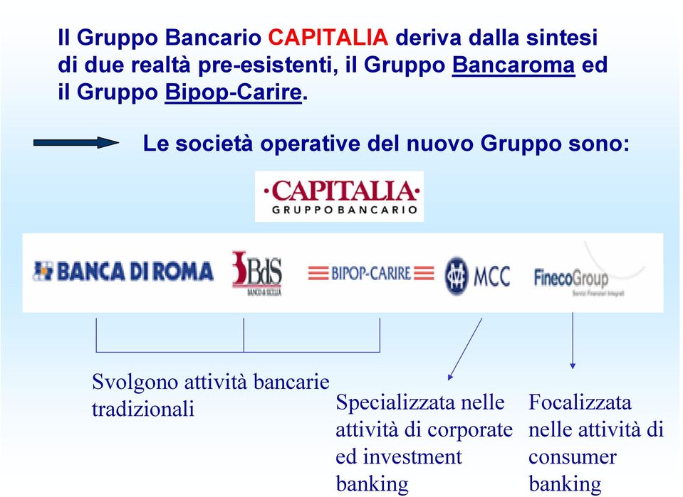 Le società operative del nuovo Gruppo sono: Svolgono attività bancarie