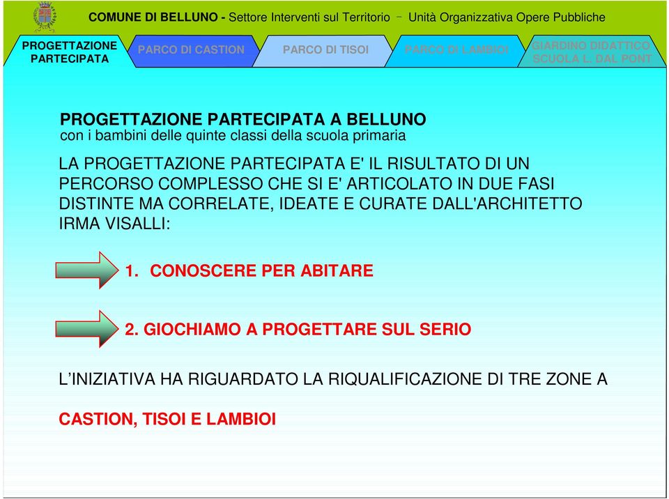 DISTINTE MA CORRELATE, IDEATE E CURATE DALL'ARCHITETTO IRMA VISALLI: 1. CONOSCERE PER ABITARE 2.