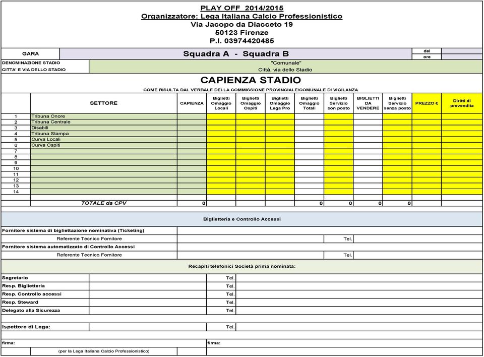 "Comunale" Città, via dello Stadio CAPIENZA STADIO COME RISULTA DAL VERBALE DELLA COMMISSIONE PROVINCIALE/COMUNALE DI VIGILANZA del ore SETTORE CAPIENZA Biglietti Omaggio Locali Biglietti Omaggio