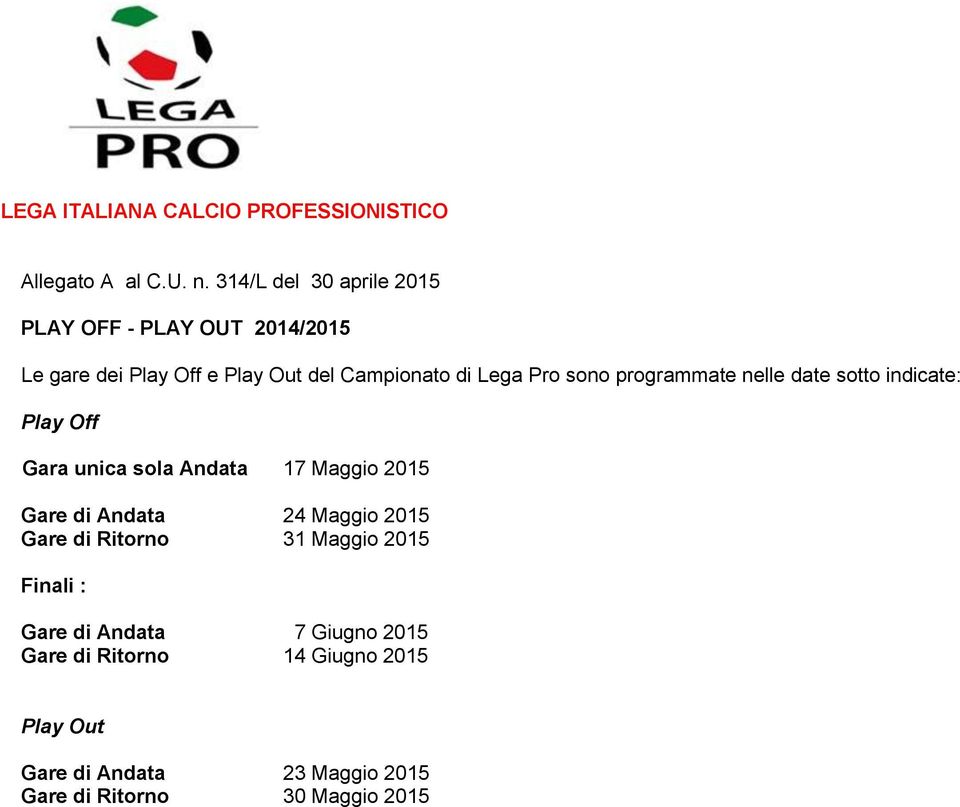 sono programmate nelle date sotto indicate: Play Off Gara unica sola Andata 17 Maggio 2015 Gare di Andata 24 Maggio