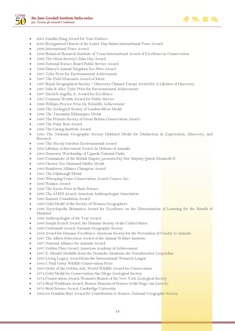 for Environmental Achievement 1997 The Field Museum's Award of Merit 1997 Royal Geographical Society / Discovery Channel Europe Award for A Lifetime of Discovery 1997 John & Alice Tyler Prize for