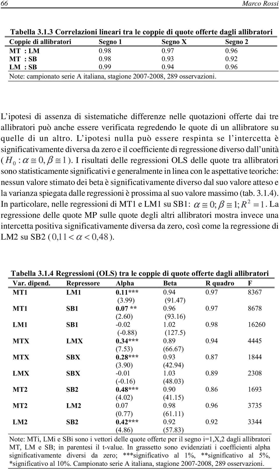 L ipotesi di assenza di sistematiche differenze nelle quotazioni offerte dai tre allibratori può anche essere verificata regredendo le quote di un allibratore su quelle di un altro.