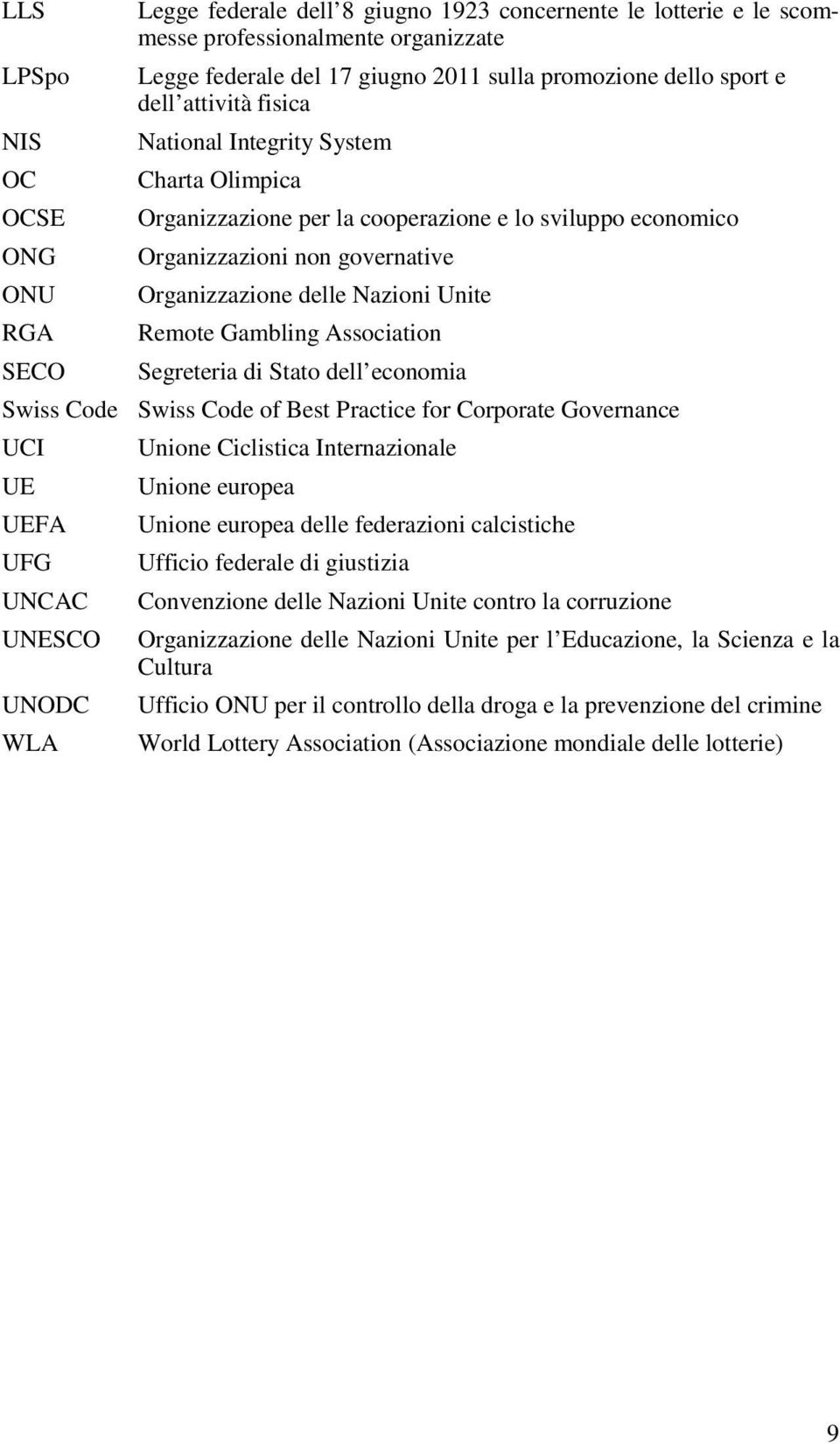 Remote Gambling Association Segreteria di Stato dell economia Swiss Code Swiss Code of Best Practice for Corporate Governance UCI UE UEFA UFG UNCAC UNESCO UNODC WLA Unione Ciclistica Internazionale